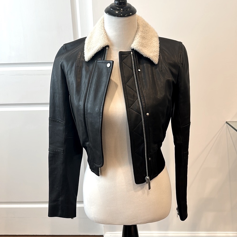 Helmut Lang black leather shearling collar jacket new with tags
